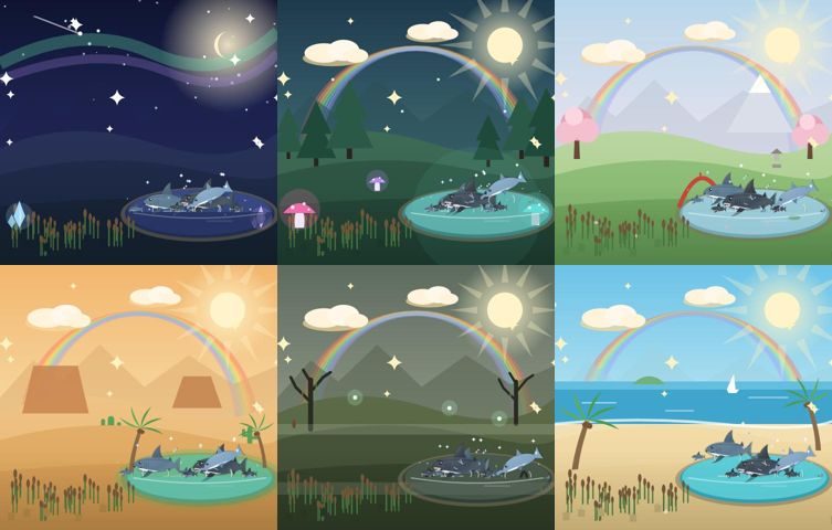 Seis cenários do Habit Garden: céu estrelado, floresta, lago, oásis, pântano e praia
